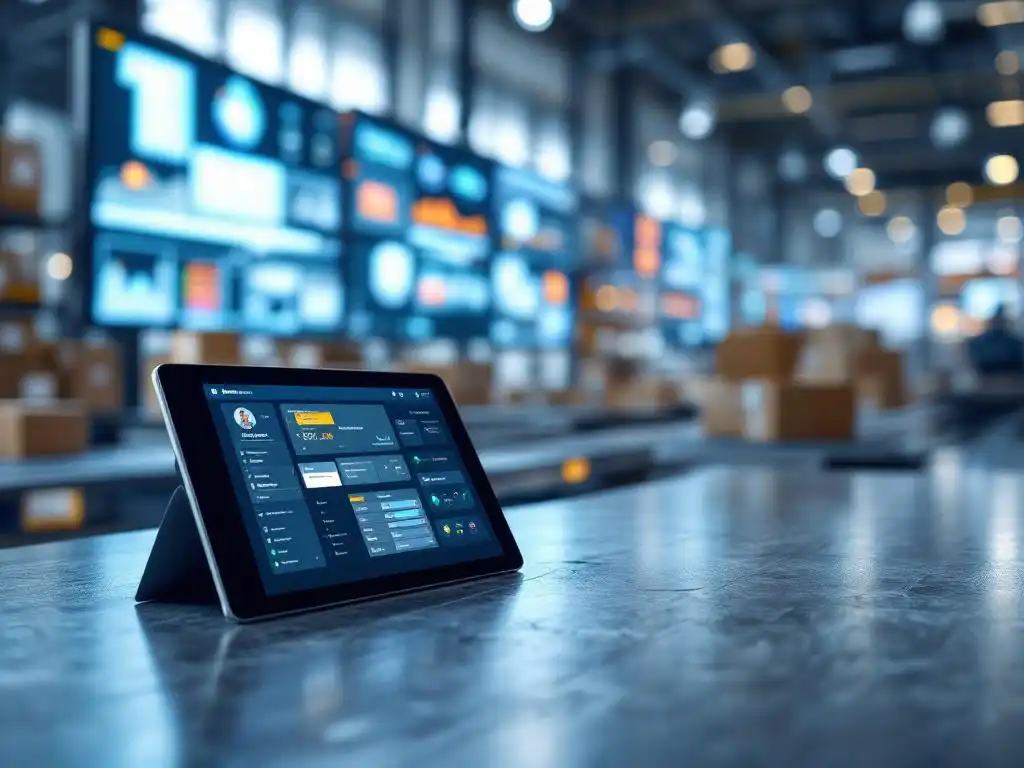 Moderne magazijncontrolekamer met verbonden schermen die real-time voorraadgegevens tonen, tablet met mobiele app-interface op betonnen oppervlak, gekleurde dozen op geautomatiseerde transportbanden op achtergrond