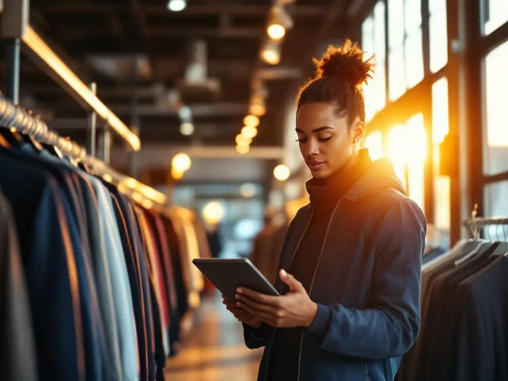 Winkelmanager bekijkt voorraadgegevens op tablet tussen georganiseerde kledingrekken in moderne winkel met gouden uurtje verlichting
