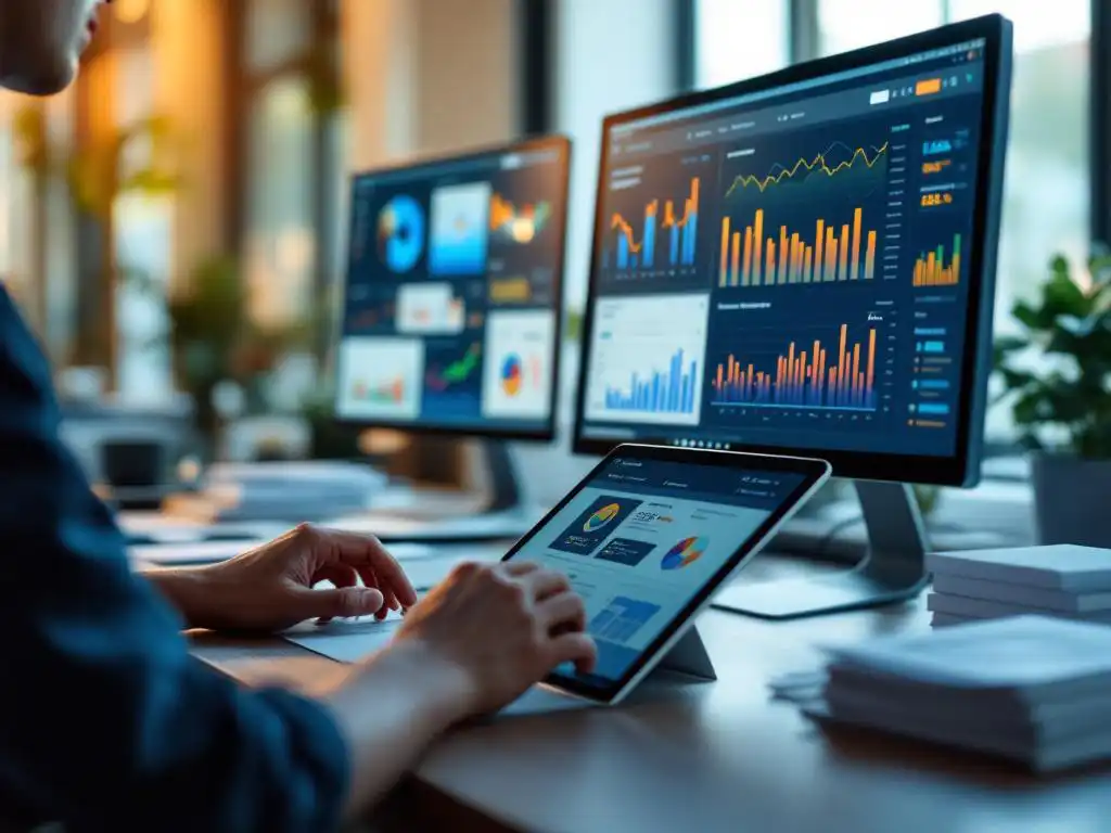 Modern kantoorbureau met meerdere computermonitoren die kleurrijke bedrijfsdashboards tonen, Surface tablet met financiële grafieken tegen georganiseerde documenten