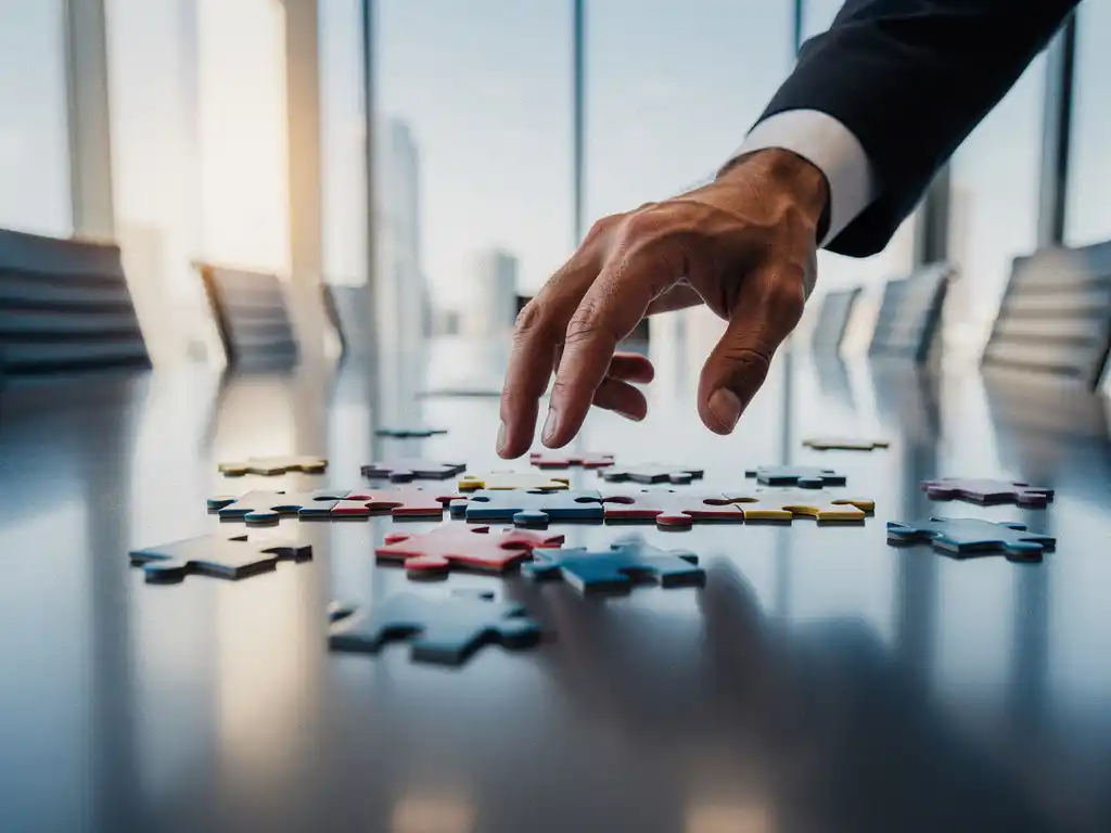 Zakenman reikt over vergadertafel met verspreide puzzelstukjes die gefragmenteerde bedrijfsprocessen symboliseren