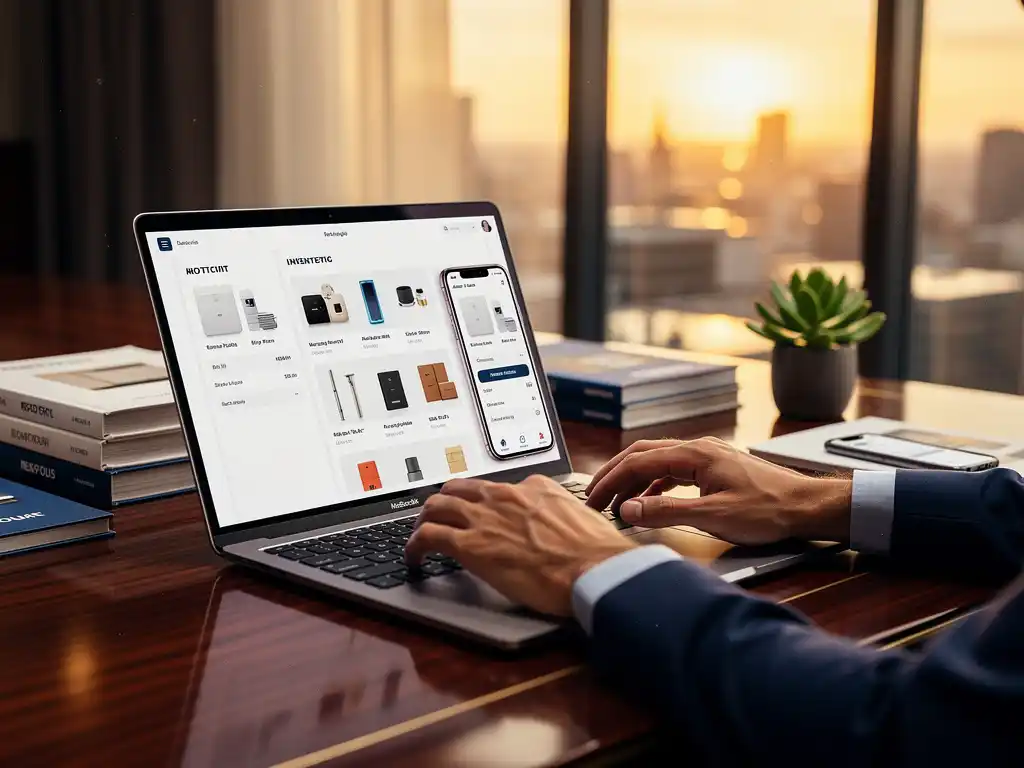 Smartphone en laptop tonen gesynchroniseerde voorraadgegevens op mahoniehouden bureau met productcatalogi en vetplant