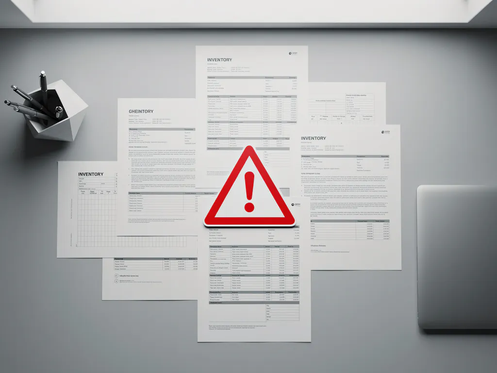 Modern kantoorbureau met verspreide voorraadrapportages en verzendingsdocumenten, rode waarschuwingsdriehoek op witte papieren