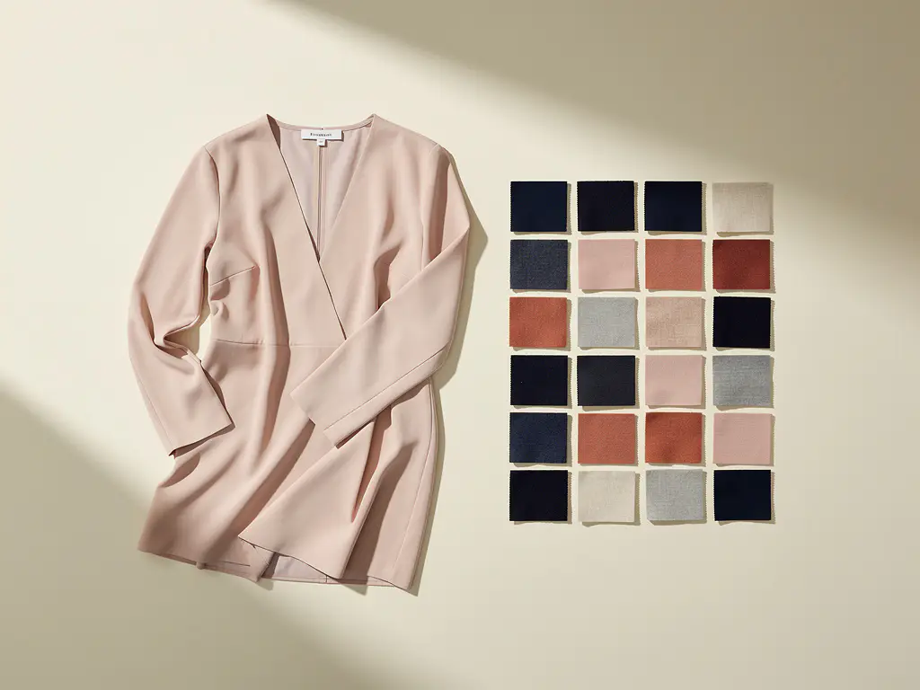 Elegant kledingstuk naast geometrisch gerangschikte stofstalen in ivoor, marineblauw en zacht roze, symboliseert AI-gestuurde vraagvoorspelling in mode.