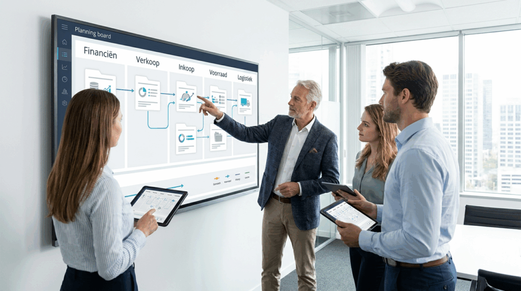 Strategische meeting waar een team de implementatie van ERP software bespreekt op een digitaal scherm.