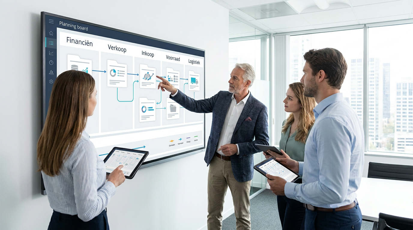 Strategische meeting waar een team de implementatie van ERP software bespreekt op een digitaal scherm.