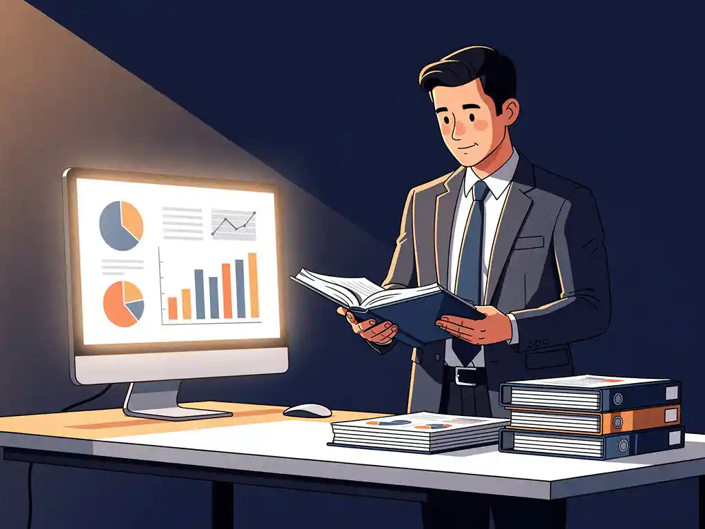 CFO bekijkt financieel grootboek aan modern bureau met dashboardschermen en gestapelde rapporten in marineblauw kantoor.