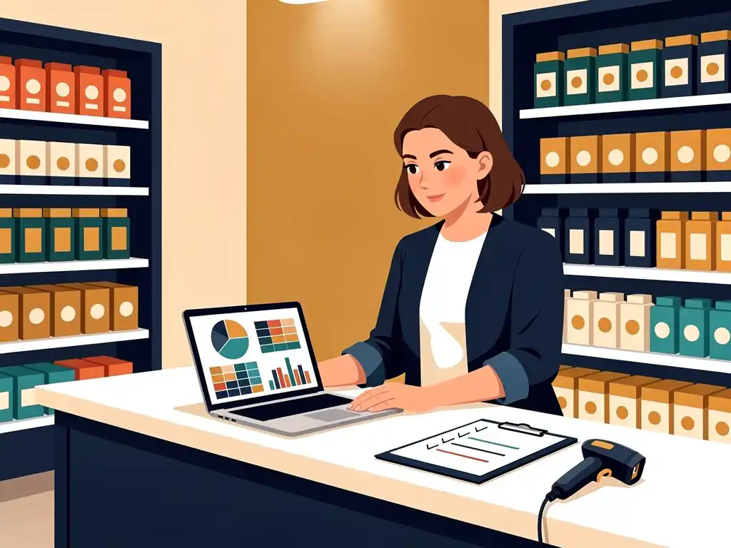 Winkelmanager bekijkt voorraaddata op laptop aan moderne kassa, omringd door georganiseerde schappen en een barcodescanner.