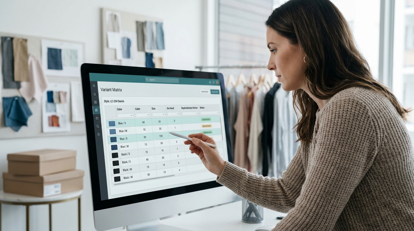 Overzicht van maten- en kleurenmatrix in fashion ERP software op een laptop