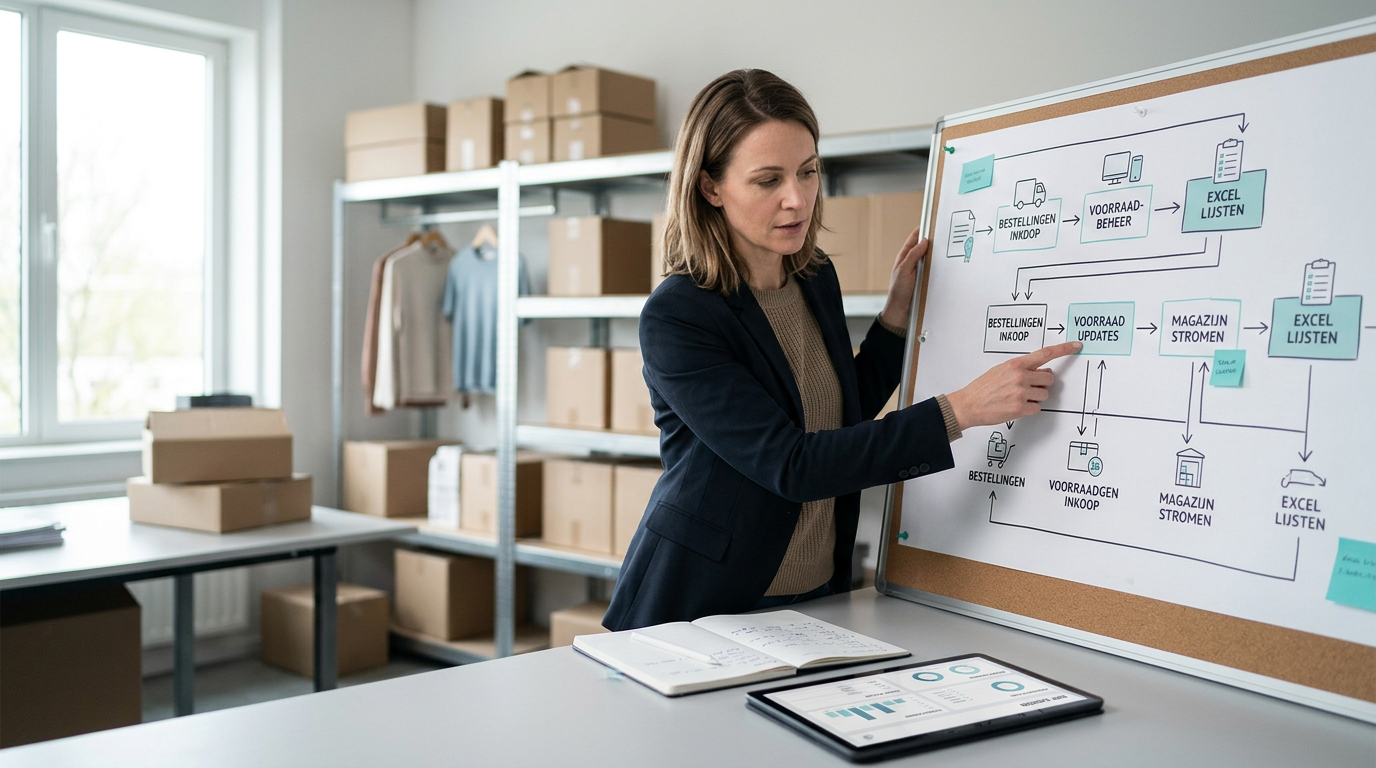 Schematische weergave van bedrijfsprocessen die samenkomen in een centrale ERP oplossing