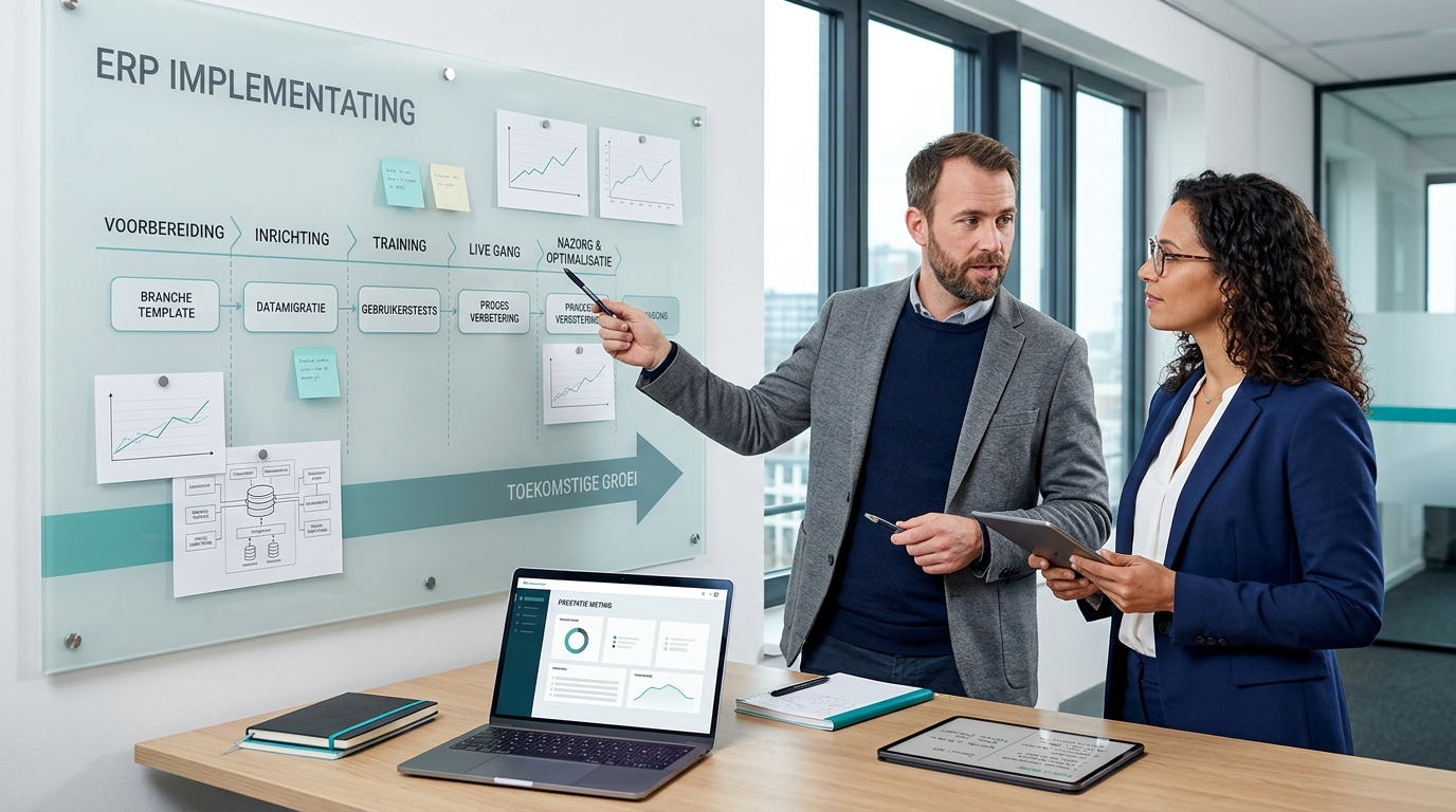 Manager bekijkt realtime dashboard van een ERP oplossing op een tablet