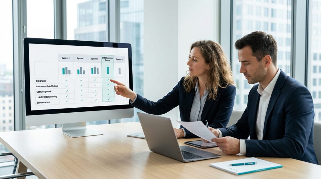 Zakelijke beslisser vergelijkt verschillende ERP software oplossingen op een scherm