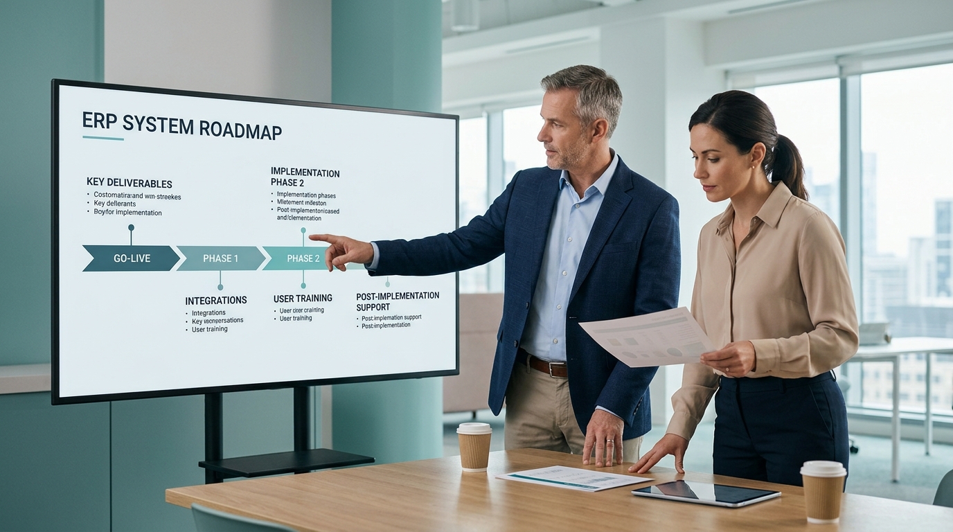 Consultant bespreekt implementatie van Microsoft Dynamics 365 Business Central met een klant