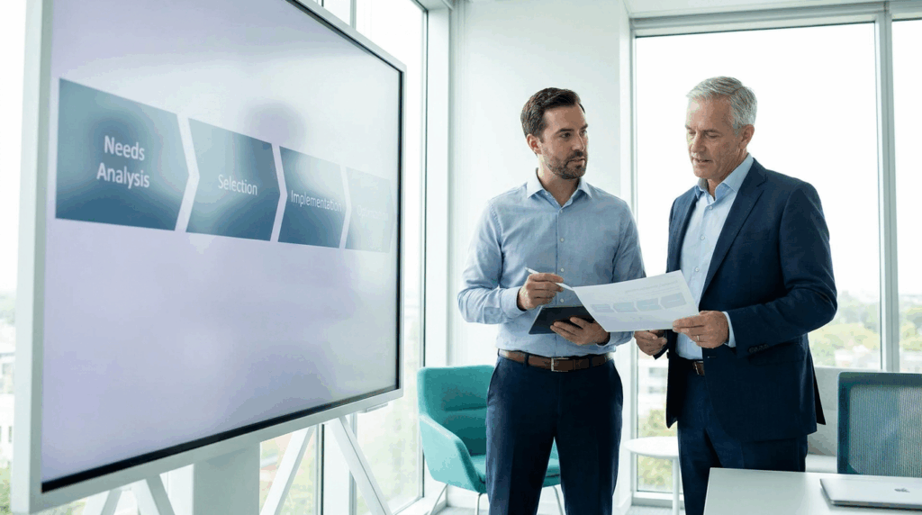 Een bedrijfsmanager analyseert data op een dashboard, wat een moderne ERP oplossing symboliseert.
