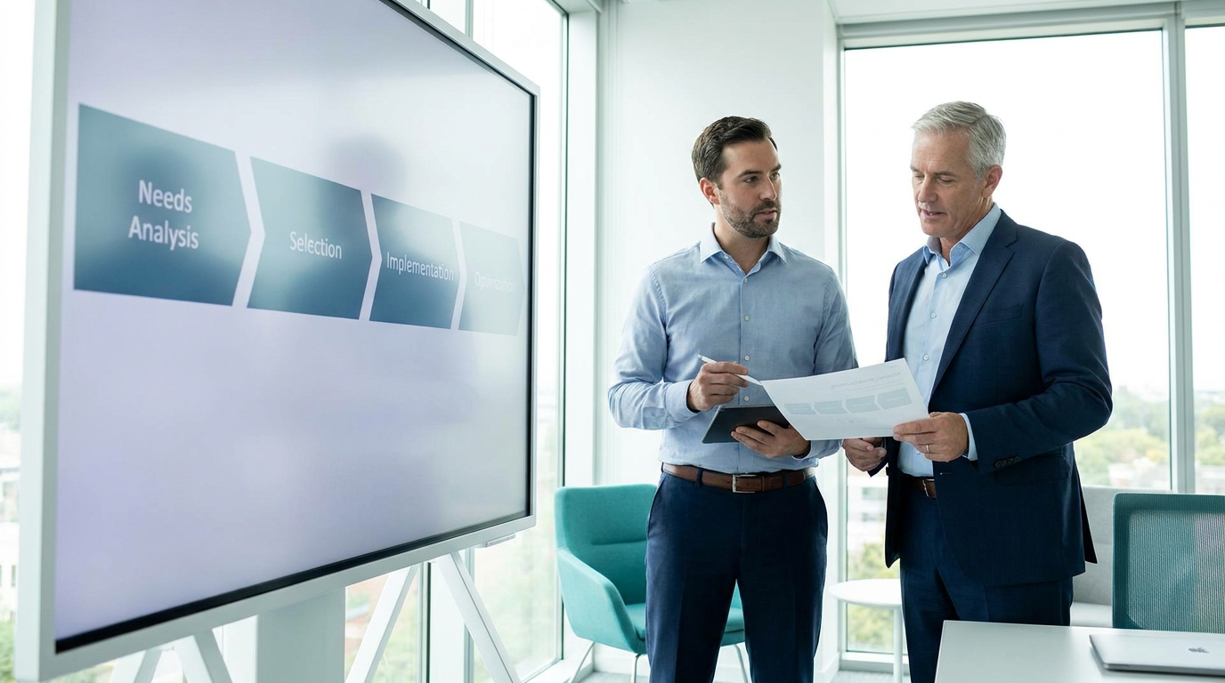 Een bedrijfsmanager analyseert data op een dashboard, wat een moderne ERP oplossing symboliseert.