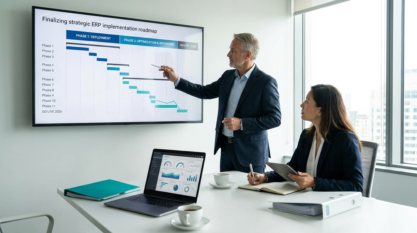 Een consultant die in gesprek is met een team, wat het belang van ERP advies en ondersteuning illustreert.