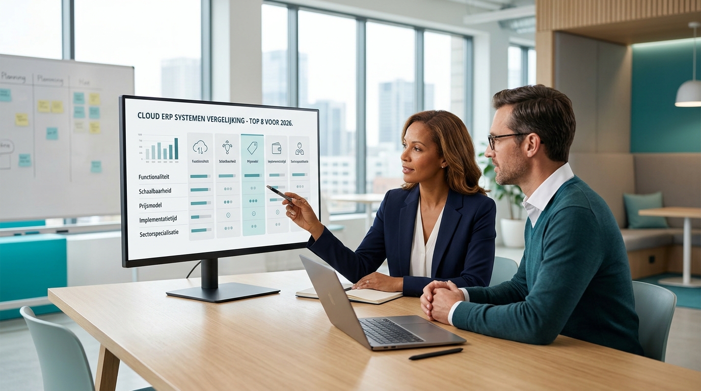 Een IT-manager analyseert data op een tablet in een modern kantoor, wat de voordelen van een cloud based ERP systeem symboliseert.