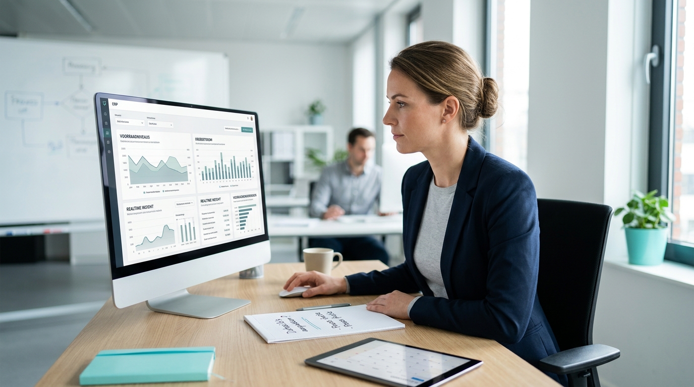 Een team van professionals werkt samen rond een laptop waarop een Microsoft Dynamics 365 Business Central dashboard wordt getoond.
