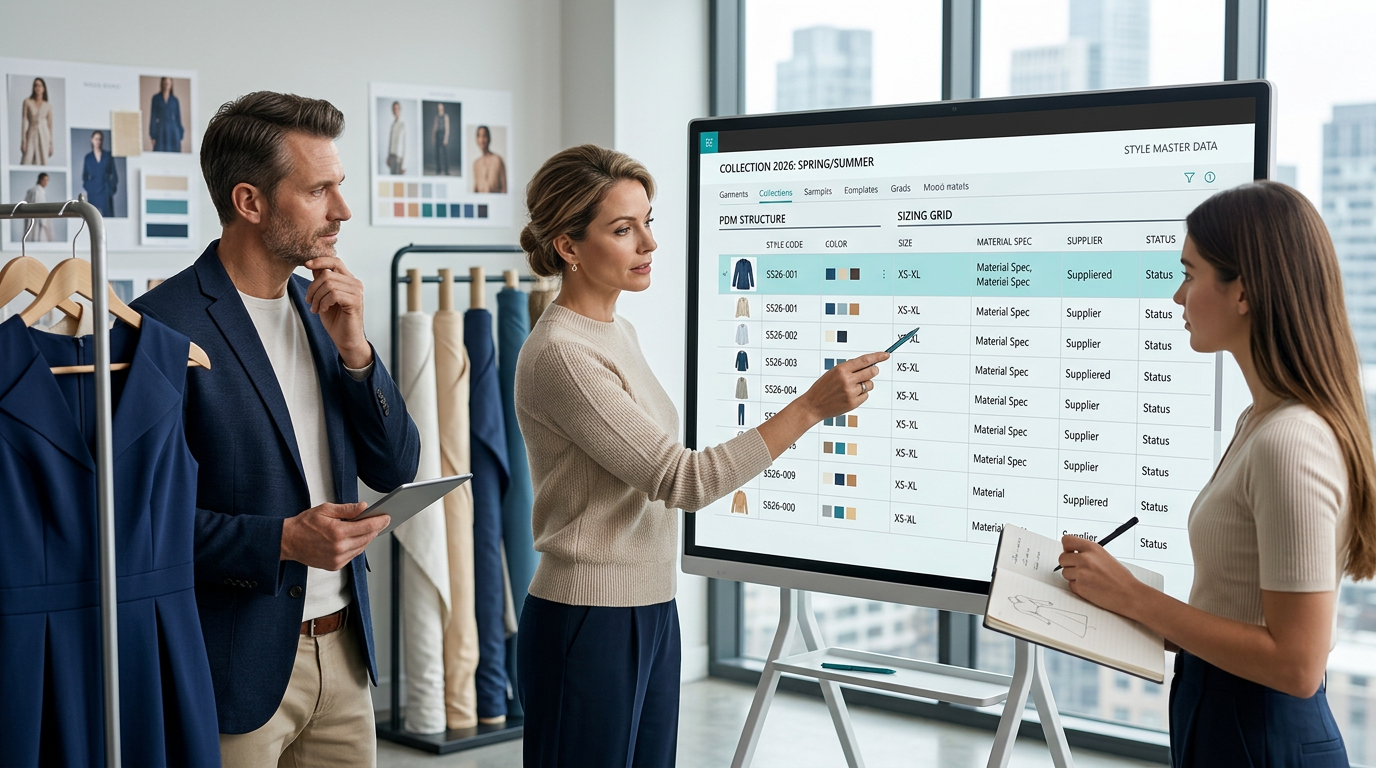 Een modeontwerper werkt op een tablet aan productgegevens, omringd door kledingstalen en schetsen, wat product data management in de fashion symboliseert.