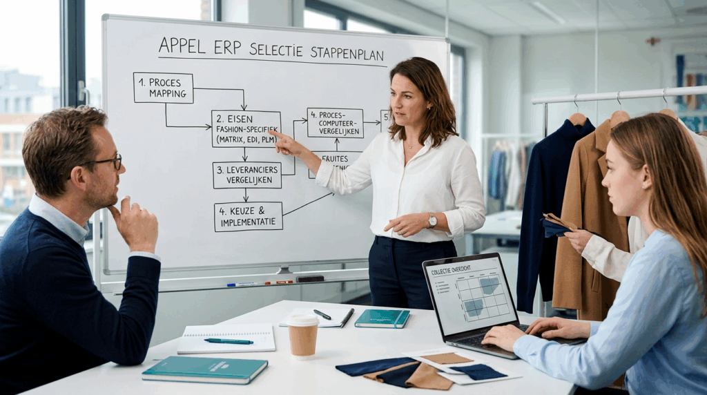 Fashionmanager bekijkt voorraad per maat en kleur op een ERP dashboard