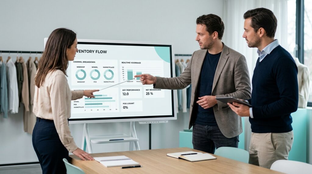 Modewinkel met kassasysteem en tablet die realtime voorraad over kanalen toont