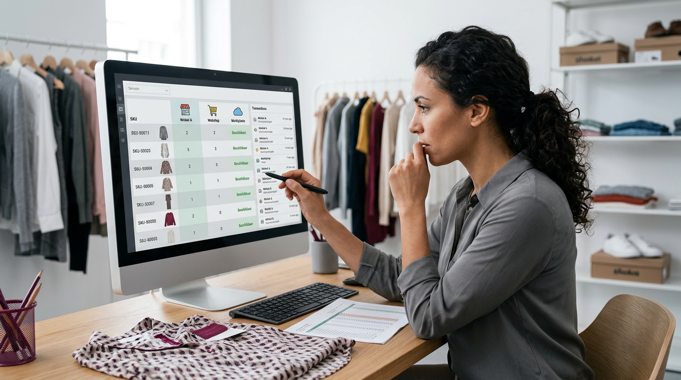 Schema van fashion ERP verbonden met webshop, kassa en marketplace
