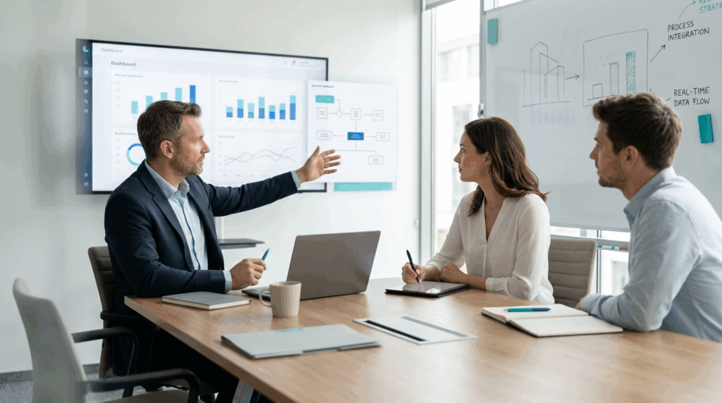 Bedrijfsmedewerkers bekijken een geïntegreerd ERP dashboard op een centraal scherm