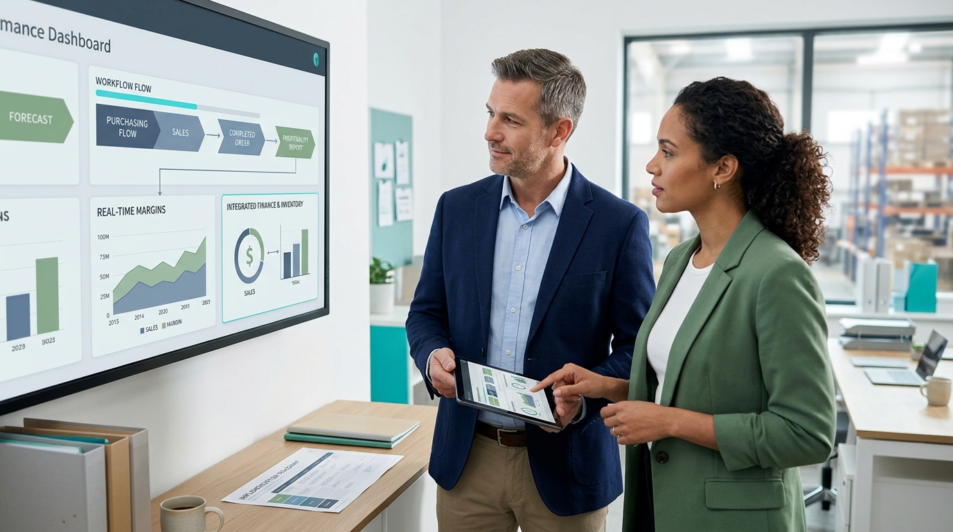 Financieel manager analyseert realtime rapportage in Microsoft Dynamics 365 Business Central