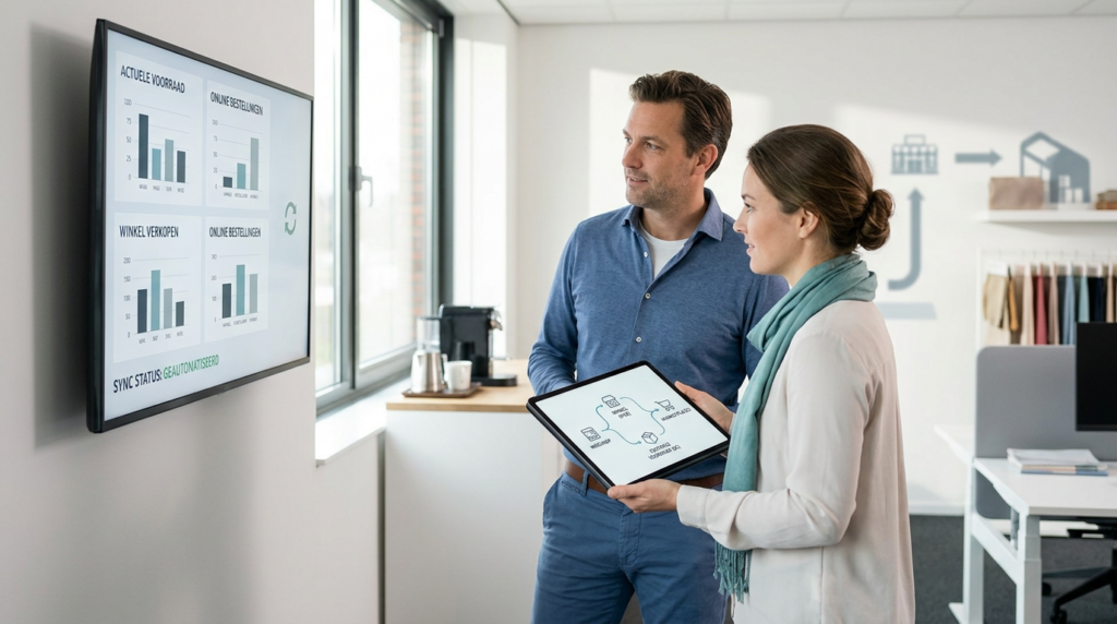 Retailmedewerker controleert real-time voorraad over winkel en webshop op een tablet
