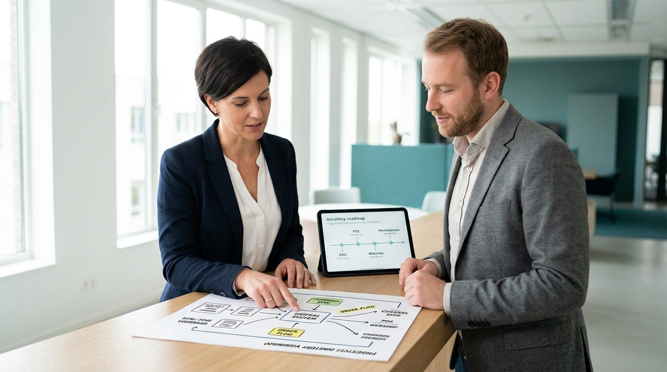 Winkelmedewerker verwerkt een click and collect order aan de balie