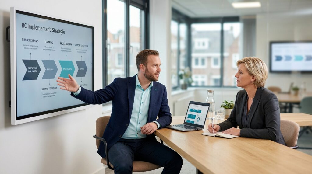 Team bespreekt selectie van een Business Central implementatiepartner aan vergadertafel