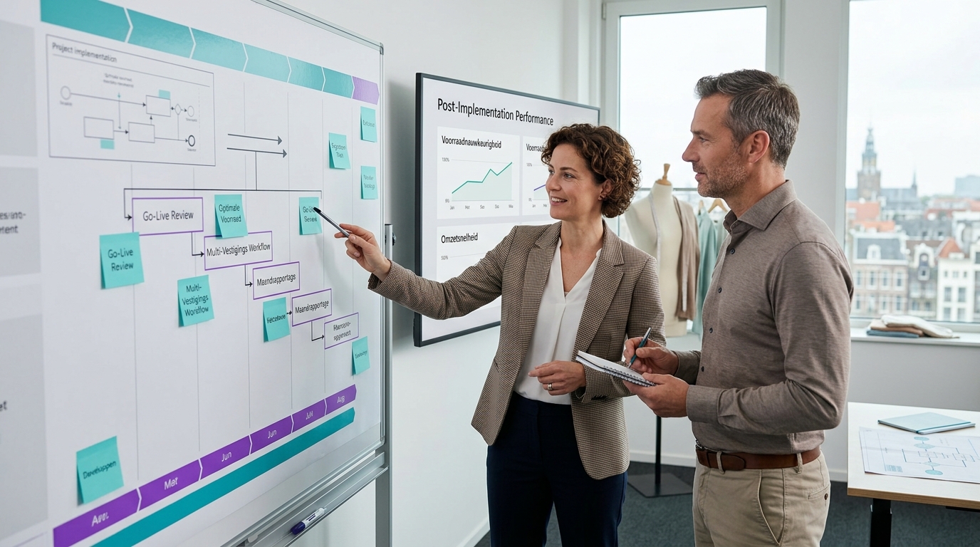 Consultant en klant bekijken samen een Business Central dashboard