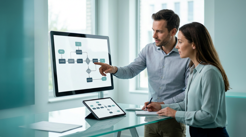Medewerker bekijkt geautomatiseerde workflow op scherm in Business Central