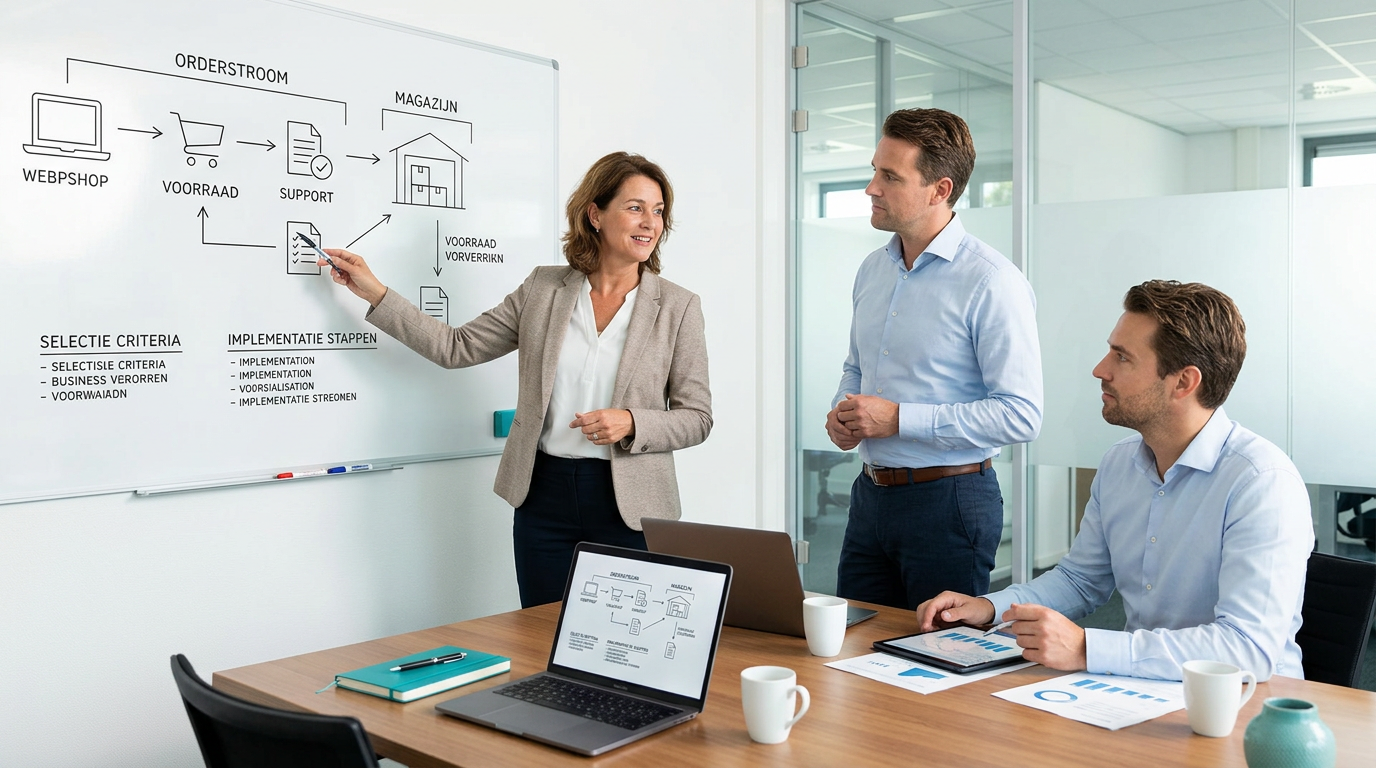 Adviseur en managementteam bespreken ERP selectie aan een vergadertafel
