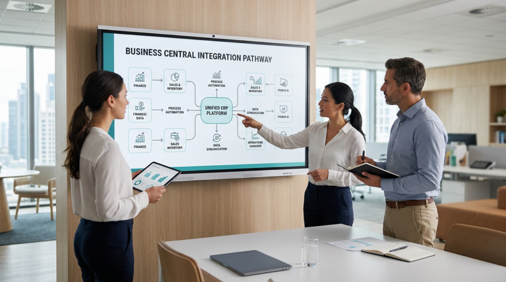 Bedrijfsteam bekijkt realtime dashboards van een cloud ERP-systeem op meerdere schermen