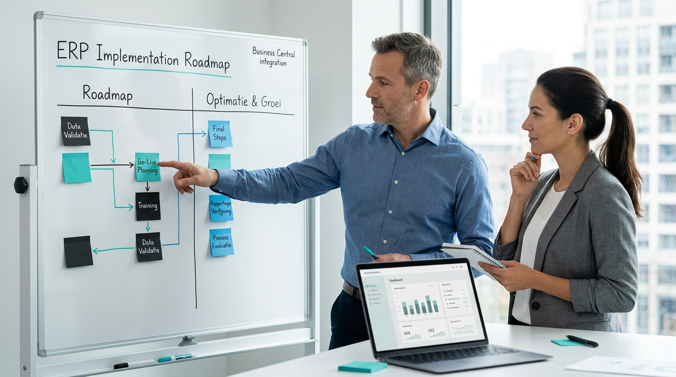 Medewerker verwerkt financiële data in Business Central gekoppeld aan Excel en Outlook