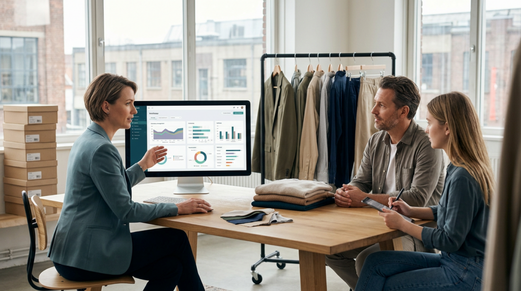 Modemedewerker controleert voorraad en collectie in een fashion ERP systeem op scherm