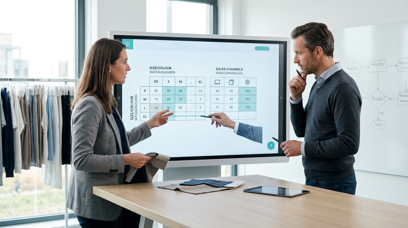 Fashionmedewerker controleert voorraad en collecties op een tablet in een showroom