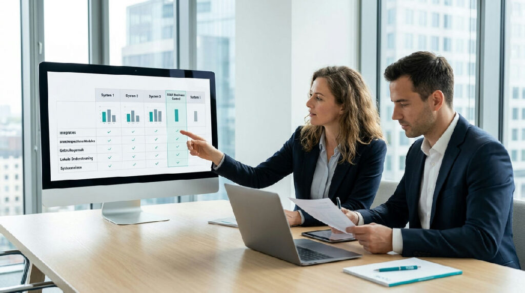 Zakelijke beslisser vergelijkt verschillende ERP software oplossingen op een scherm