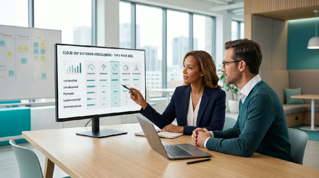Een IT-manager analyseert data op een tablet in een modern kantoor, wat de voordelen van een cloud based ERP systeem symboliseert.