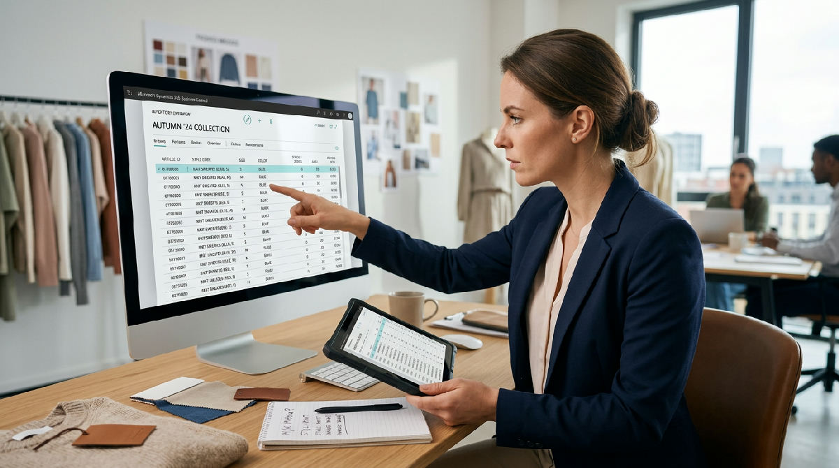 Overzicht van een maat- en kleurmatrix binnen ERP-software voor een kledingcollectie