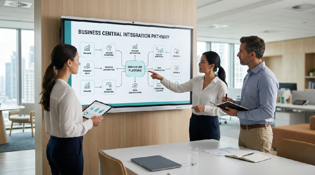 Bedrijfsteam bekijkt realtime dashboards van een cloud ERP-systeem op meerdere schermen