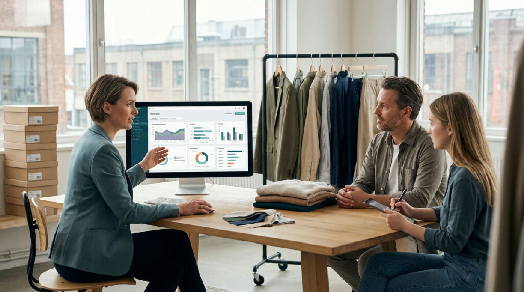 Modemedewerker controleert voorraad en collectie in een fashion ERP systeem op scherm