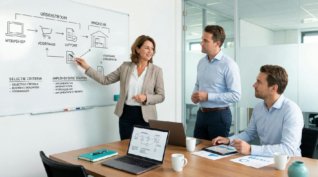 Adviseur en managementteam bespreken ERP selectie aan een vergadertafel