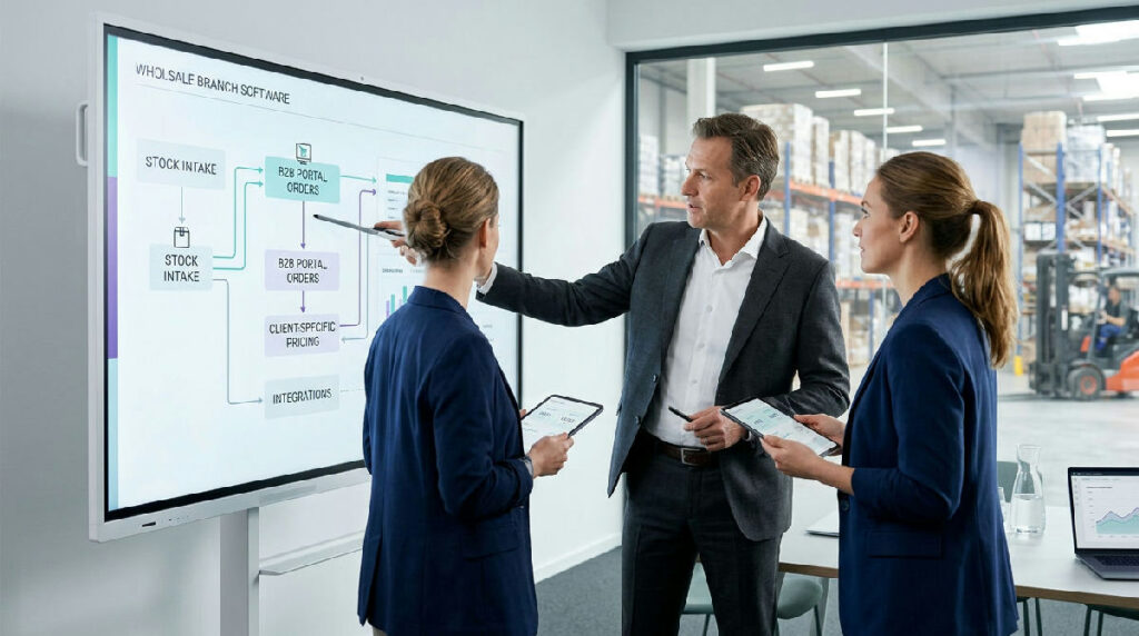 Magazijnmedewerker controleert voorraad in wholesale branche software op tablet