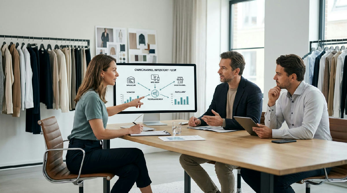 Medewerker vergelijkt fashionsoftware op laptop met kledingcollectie op de achtergrond