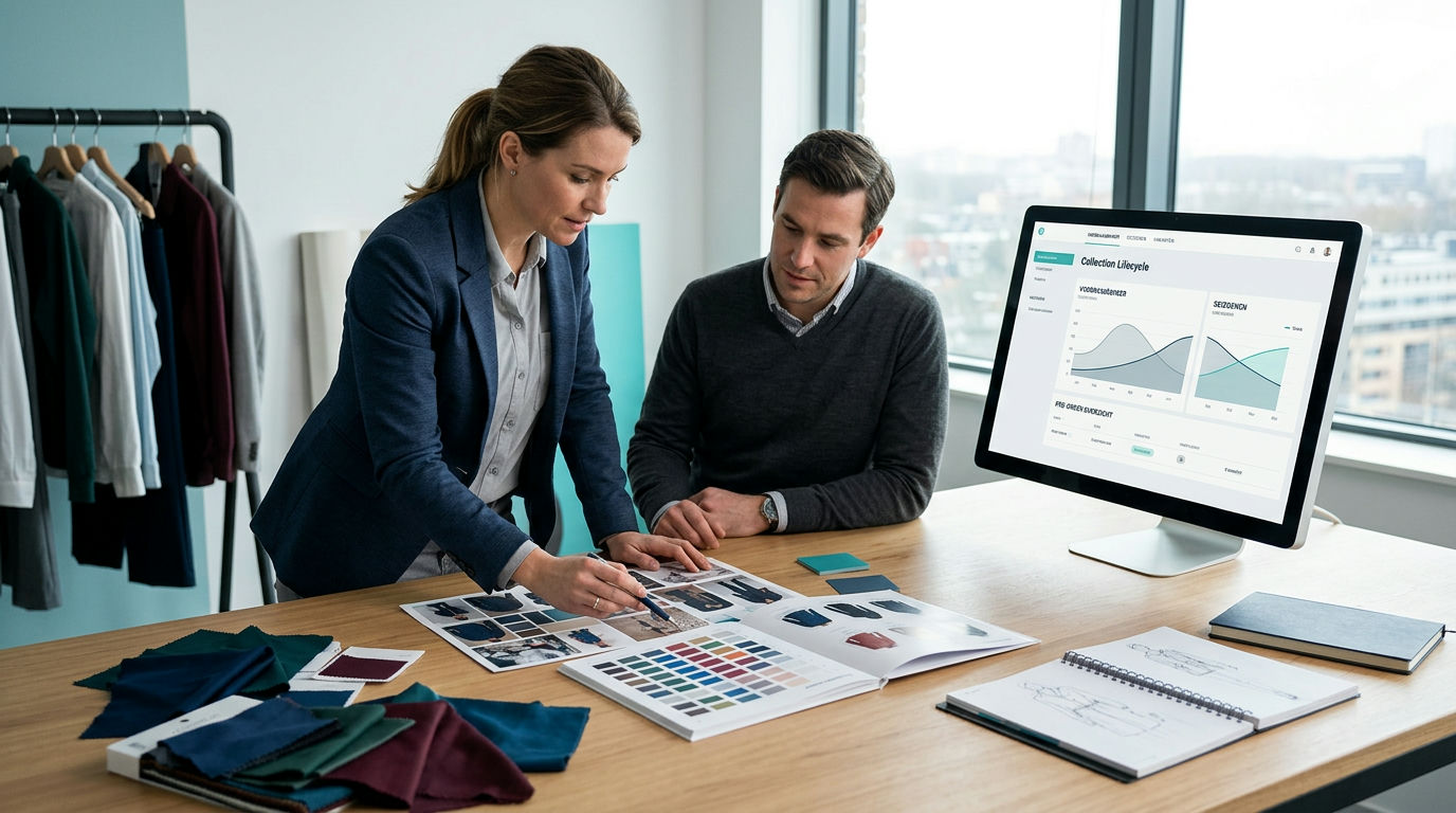 Inkoper van een modemerk bekijkt maat- en kleurvoorraad in cloud ERP op laptop