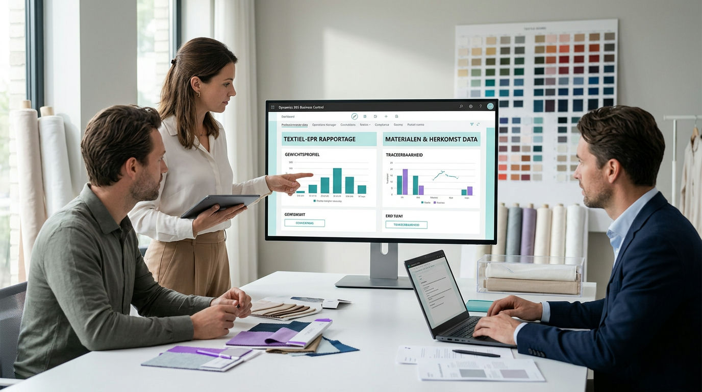 Medewerker van een modebedrijf controleert materiaalgegevens van kleding in een ERP systeem