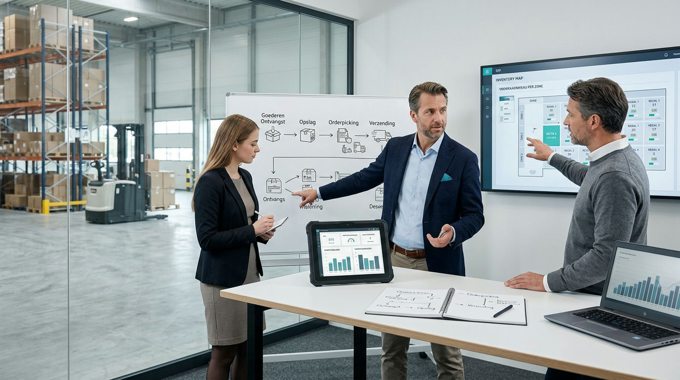 Magazijnmedewerker scant dozen in een stelling voor actueel voorraad management